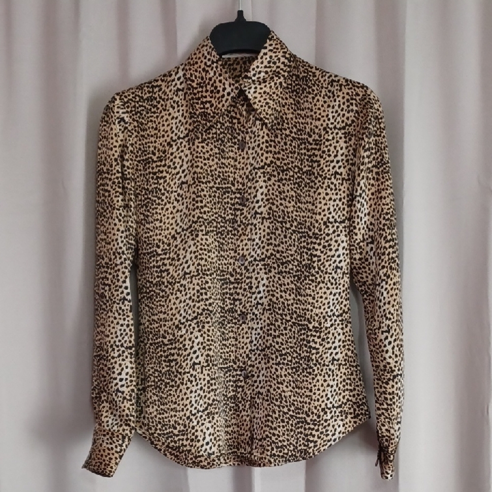 Andres Silk Leapard Print Long Sleeve Button Front Shirt Made In USA Petite